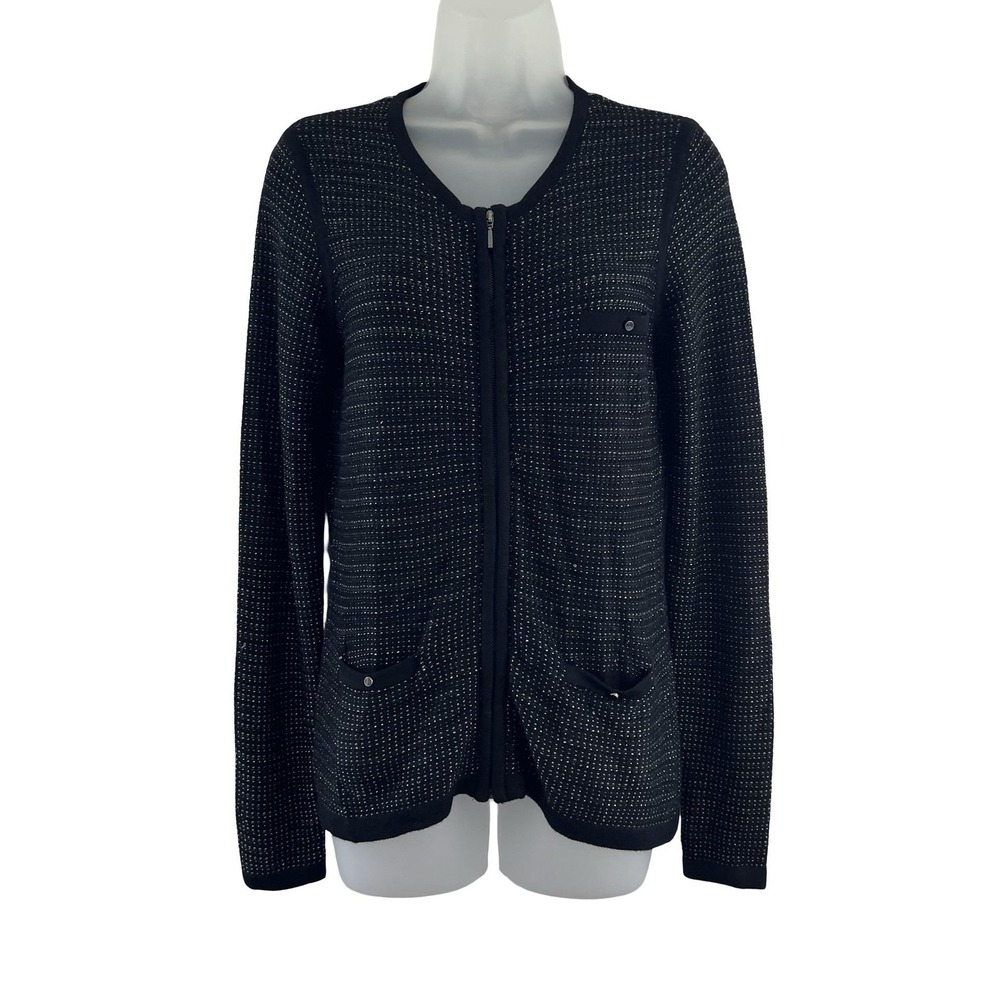 Gerard Darel‎ Sweater Womens 2 Black Metallic Knit Zip Cardigan Jacket Pockets